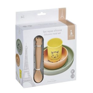 Pack comida Sophie la Girafe incl. Plato, Bol, Vaso y cucharra 100% silicona en su caja regalo