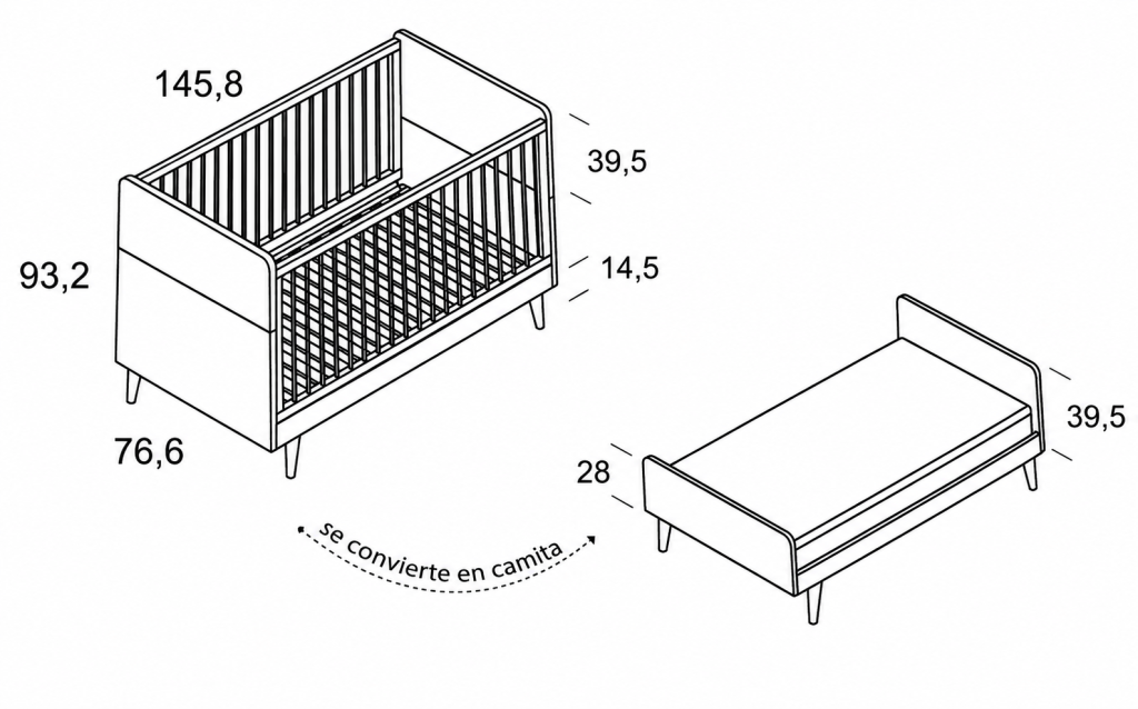 cuna artic con patas cónicas (convertible en camita) 140x70 de ros