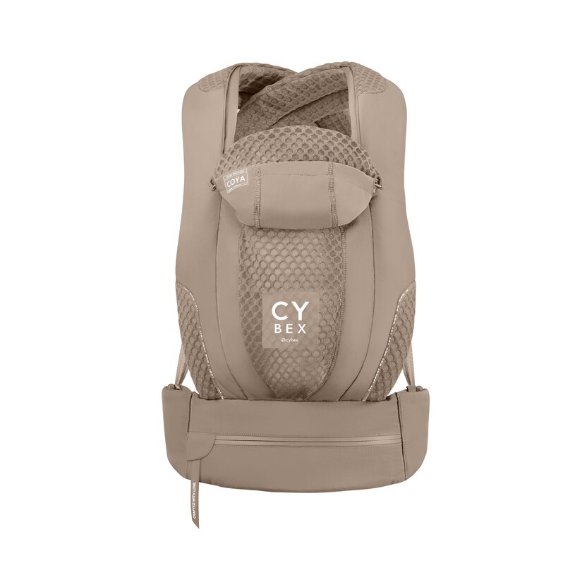 mochila portabebés cybex platinum coya carrier en color cozy beige mostrada frontalmente, destacando su elegante diseño y soporte ergonómico