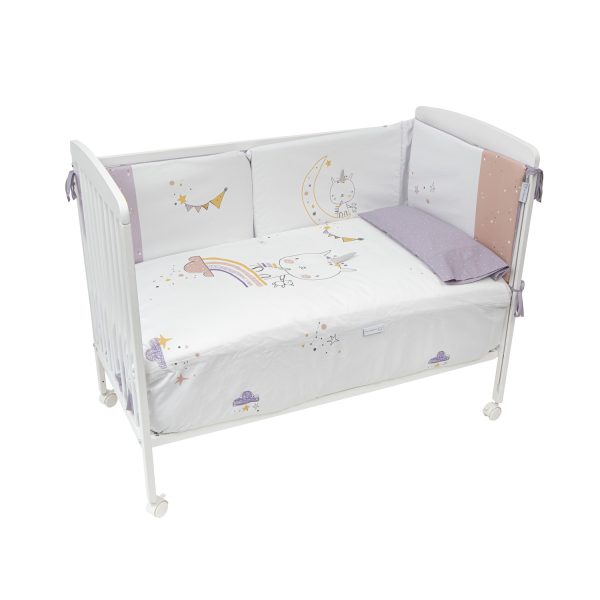 colcha cuna reversible con protector + set cojines unicornio de bimbidreams