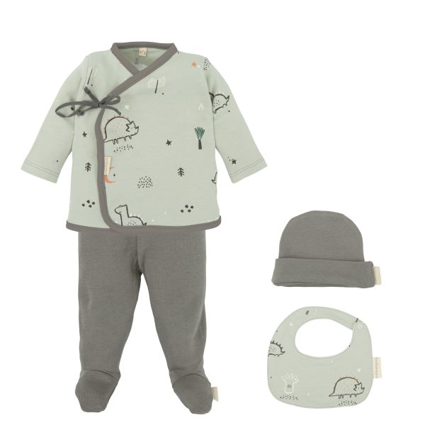 set nacimiento - 4p (jubon, polaina, gorrito y bolsa de muda) jurasic de bimbidreams