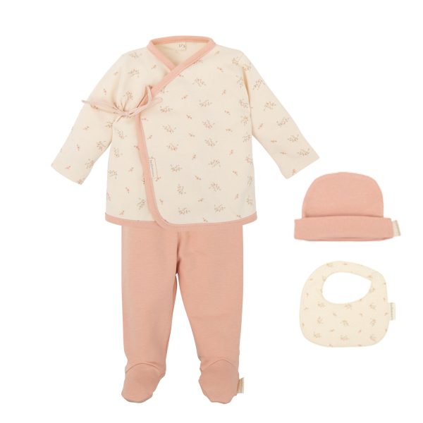set nacimiento - 4p (jubon, polaina, gorrito y babero 19x19) dalia de bimbidreams