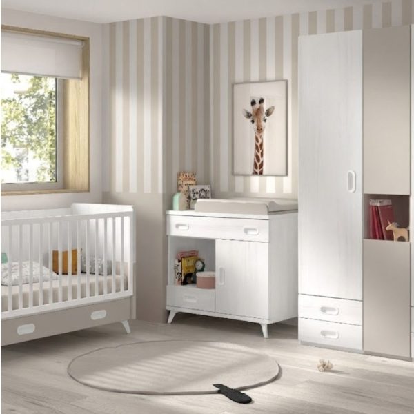 cuna bicolor barandilla recta con cajón con patas + armario con puerta izquierda/derecha con 4 cajones + mueble cambiador de glicerio chaves